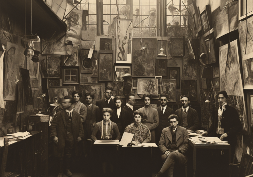 AI generated monochrome fauxtograph of a group of people in a room amidst art and stuff