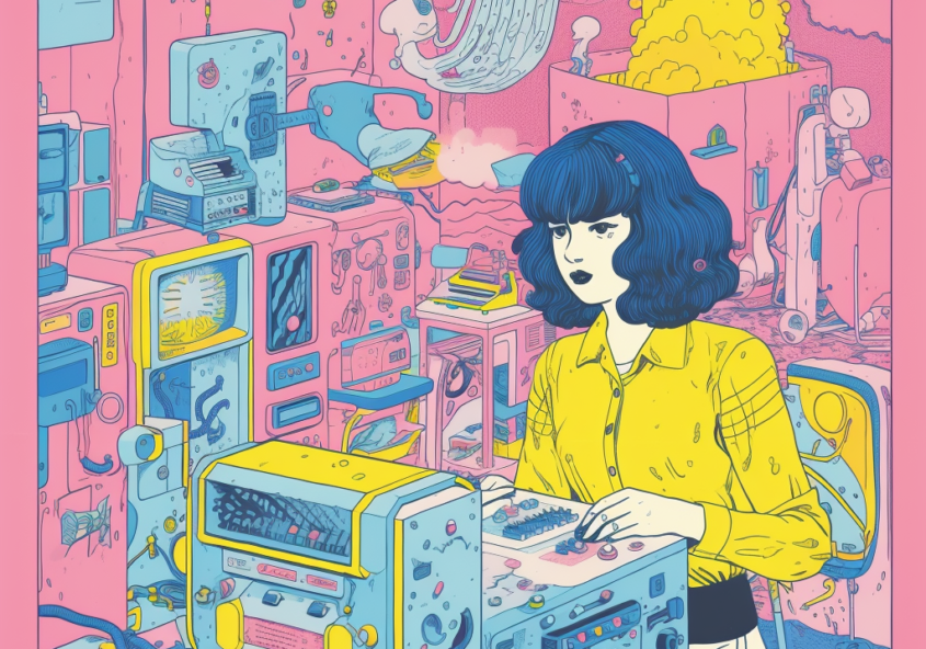 Woman sitting in front of some kind of electronic device. Her shirt is yellow. Is she a woman?