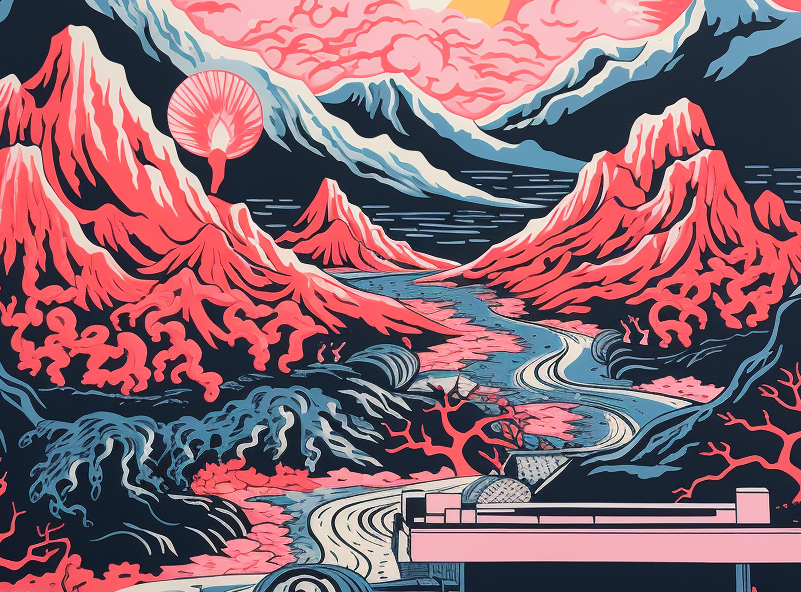 Fantastical landscape scene with mountains and a river.