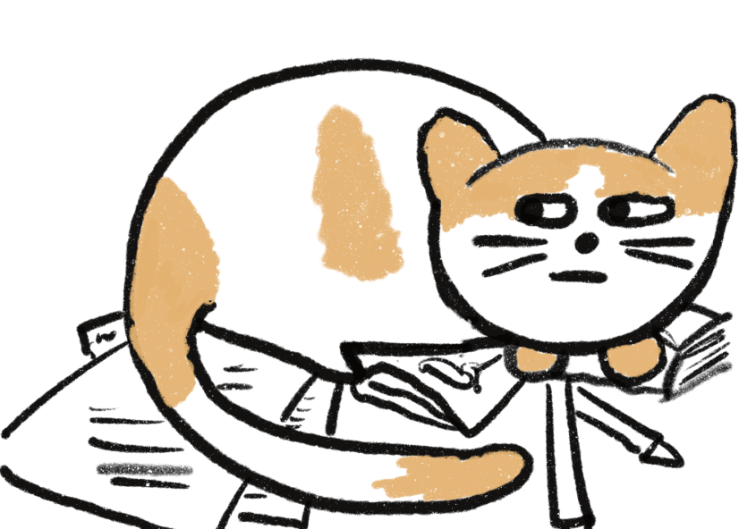 Illustration of a cat sitting on paper, books, and pencils