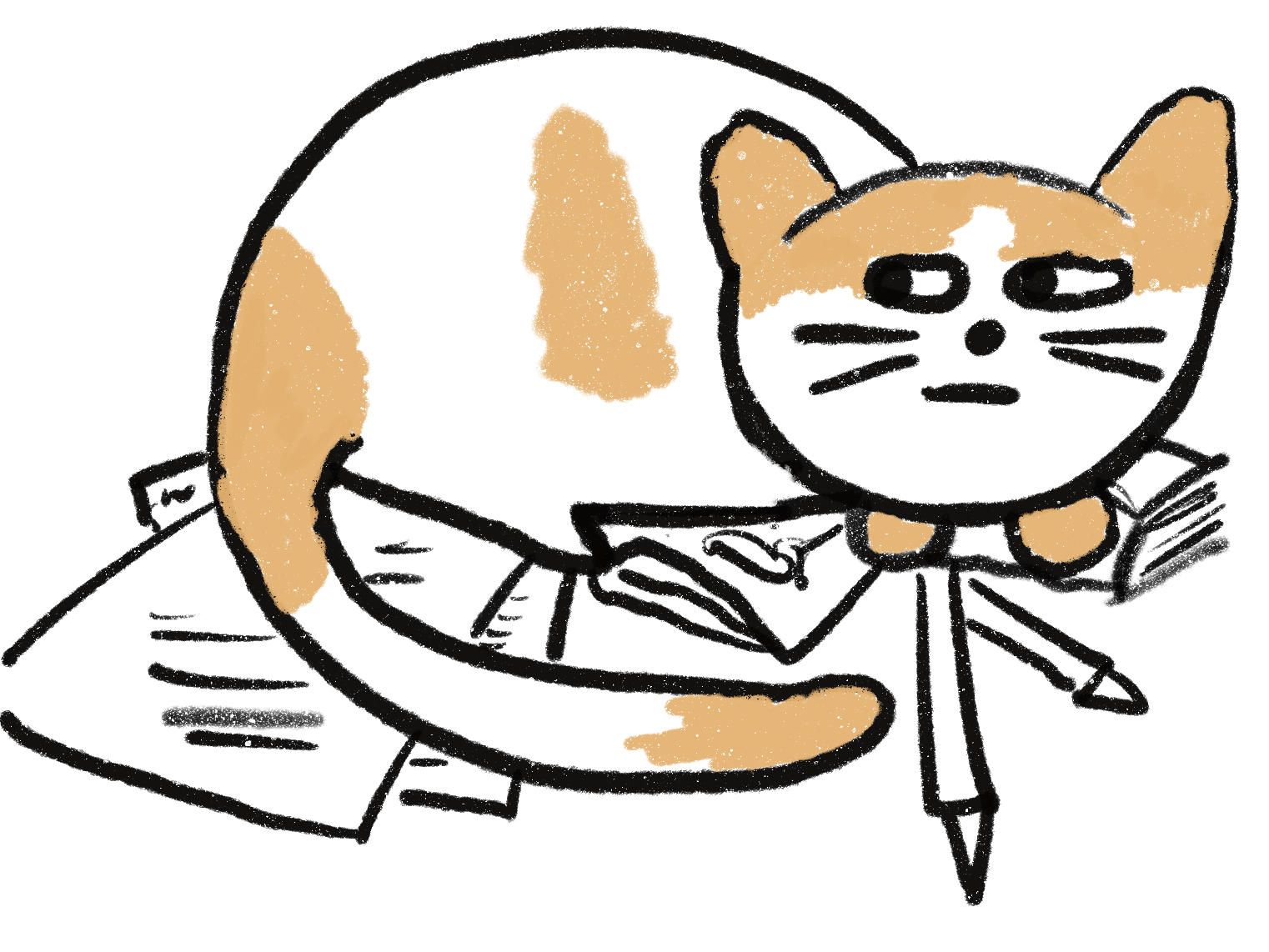 Illustration of a cat sitting on paper, books, and pencils